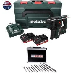 Metabo BH 18 LTX BL 16 Perceuse à Percussion Sans Fil 18 V 1,3 J SDS-plus Brushless + 2x Batteries 4,0 Ah + Chargeur + Jeu De Perceuses Et Burins - 11 Pièces, Certifié PGM + Coffret MetaBOX -Metabo Soldes 48934142 4